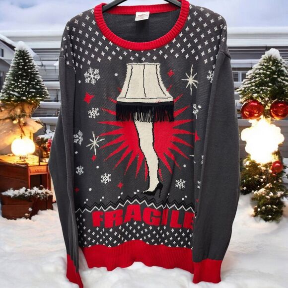 A Christmas Story Leg Lamp Ugly Holiday Sweater Mens XXL Gray Red Knit Fragile - Picture 1 of 9